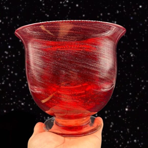Art Glass Vase Footed Bowl Red with Specks of Glitter Clear Bottom 6”T 7”W - Picture 1 of 12